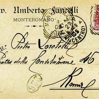 Cartolina ad uso della propria attività commerciale, commissionata nel 1909 dal Cav. Umberto Fancelli di Monte Romano (fronte)