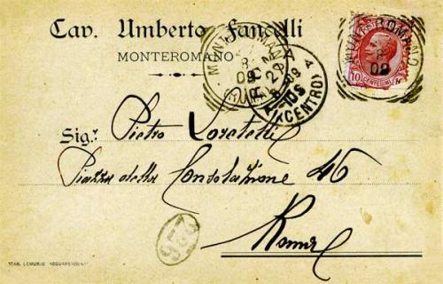 Cartolina ad uso della propria attività commerciale, commissionata nel 1909 dal Cav. Umberto Fancelli di Monte Romano (fronte)